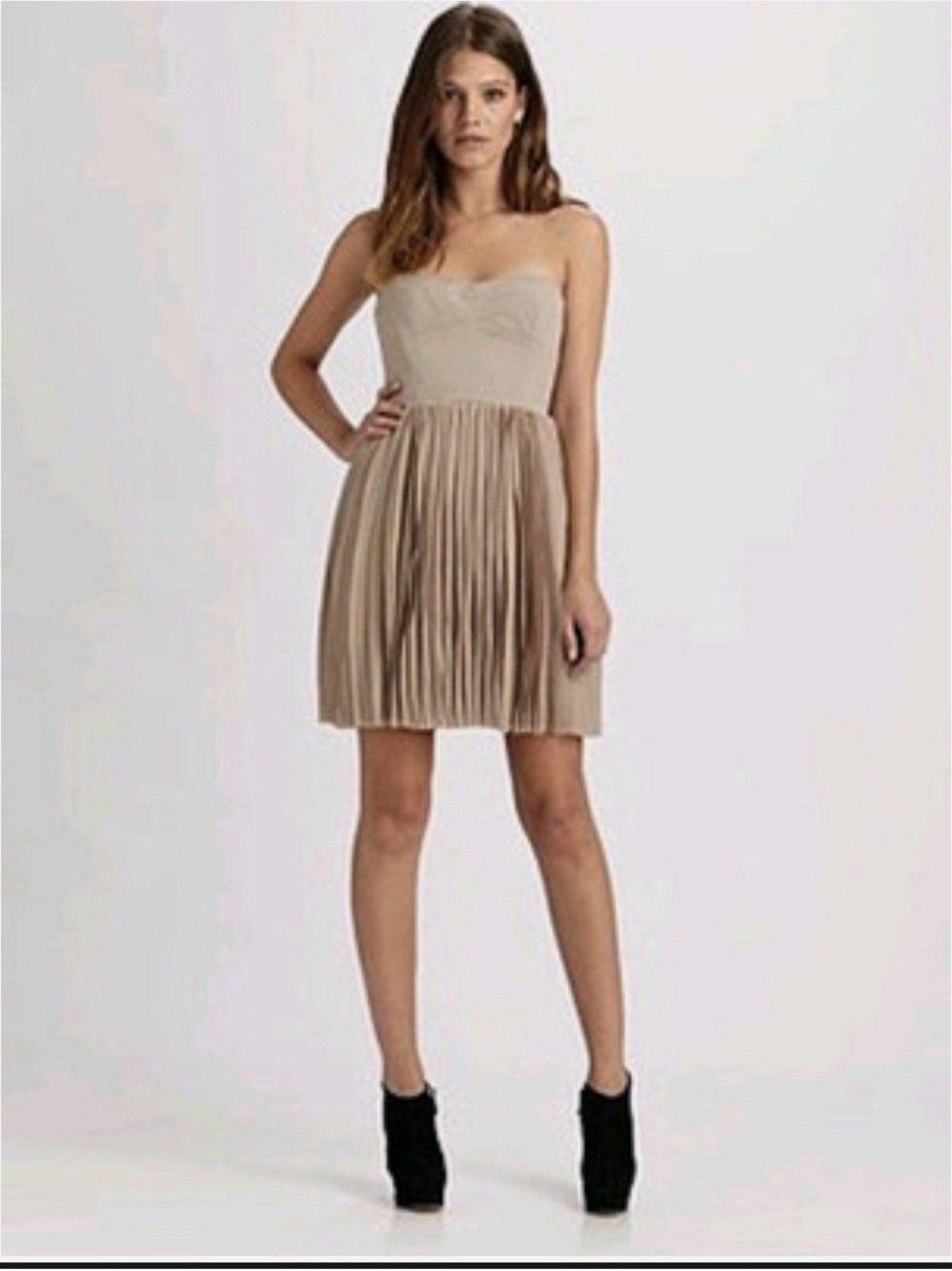 BCBGMaxazria Angel silk pleated corset strapless bodice mini dress in Pumice
